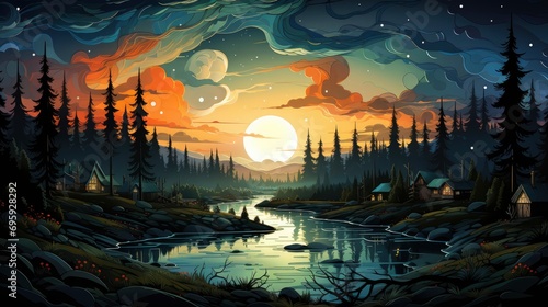 Starry Night Sky Aurora Over Hills, Background Banner HD, Illustrations , Cartoon style