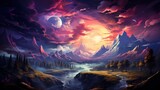 Starry Sky Mountains Milky Way End, Background Banner HD, Illustrations , Cartoon style