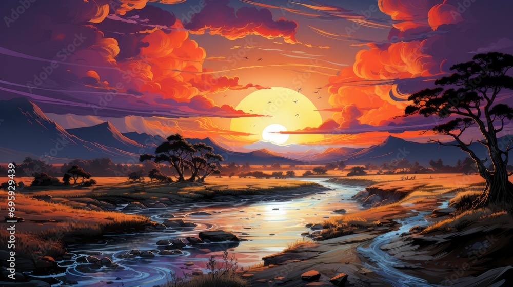 Sunset, Background Banner HD, Illustrations , Cartoon style