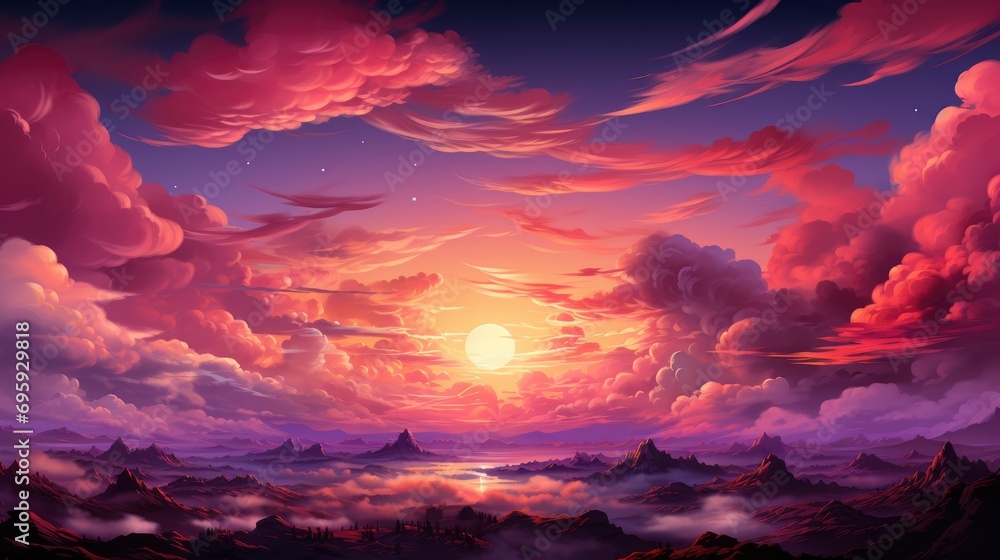 Sunset Sky Panorama Bright Glowing Pink, Background Banner HD, Illustrations , Cartoon style