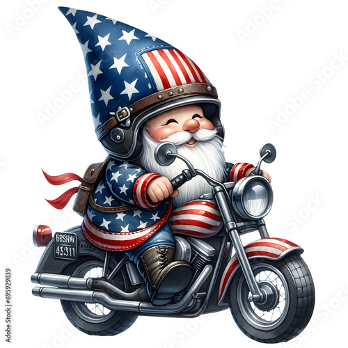 Cute Gnome Riding Motorcycle American Watercolor Clipart Illustration