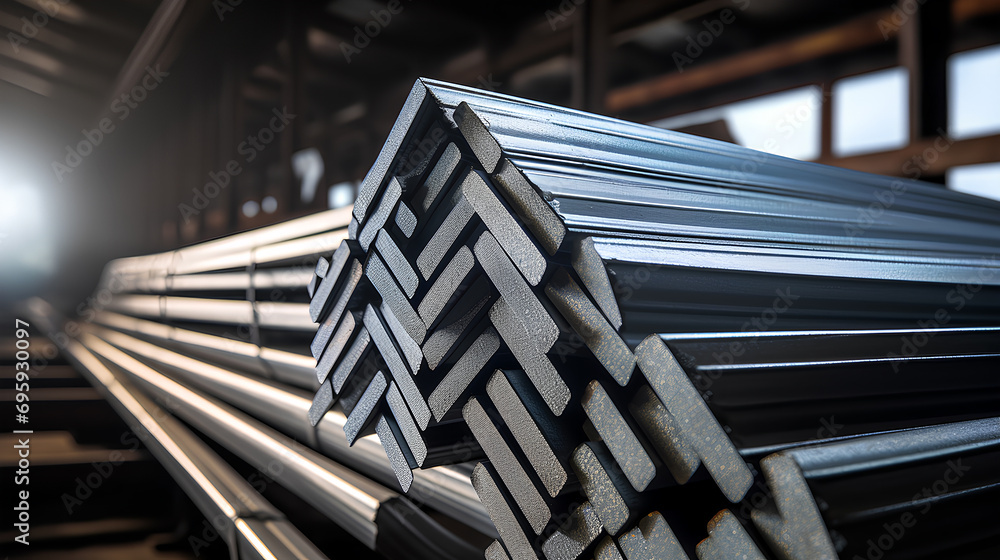 Obraz premium Galvanized steel angle bundle in industrial stockyard. Angle iron cross section in stockyard.