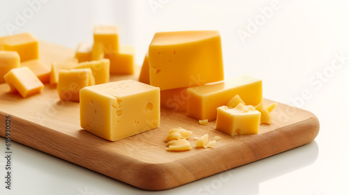 Savory elegance, Cheese sliced into cubes on a wooden board in a bright kitchen