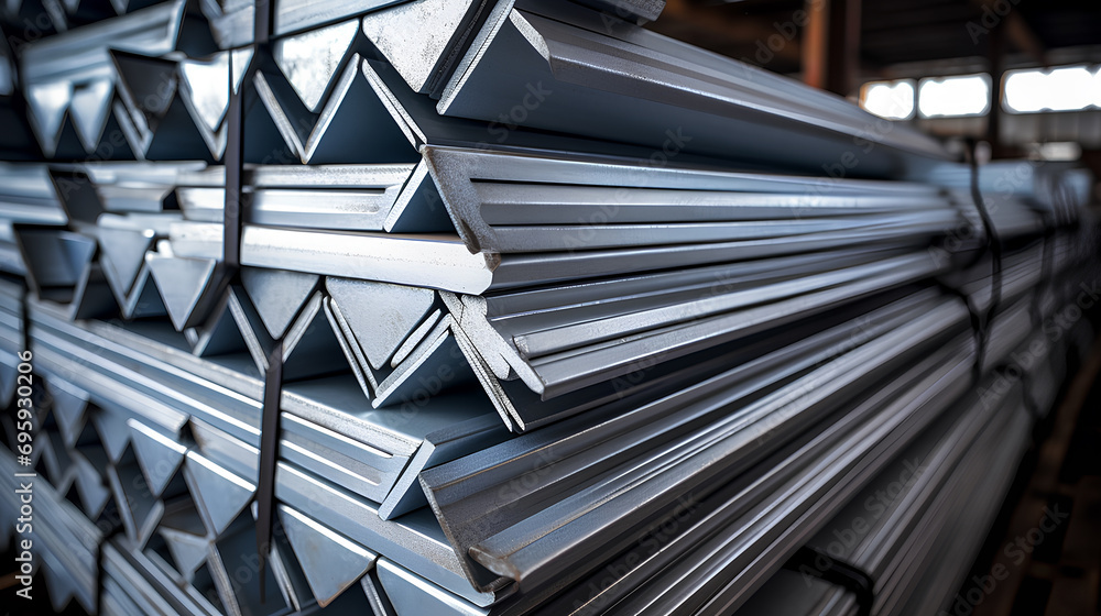 Obraz premium Galvanized steel angle bundle in industrial stockyard. Angle iron cross section in stockyard.