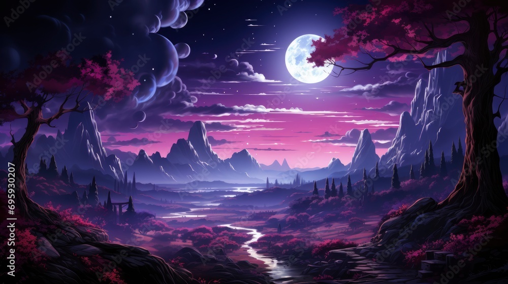 Fototapeta premium Super Blue Moon Full Bright Night, Background Banner HD, Illustrations , Cartoon style