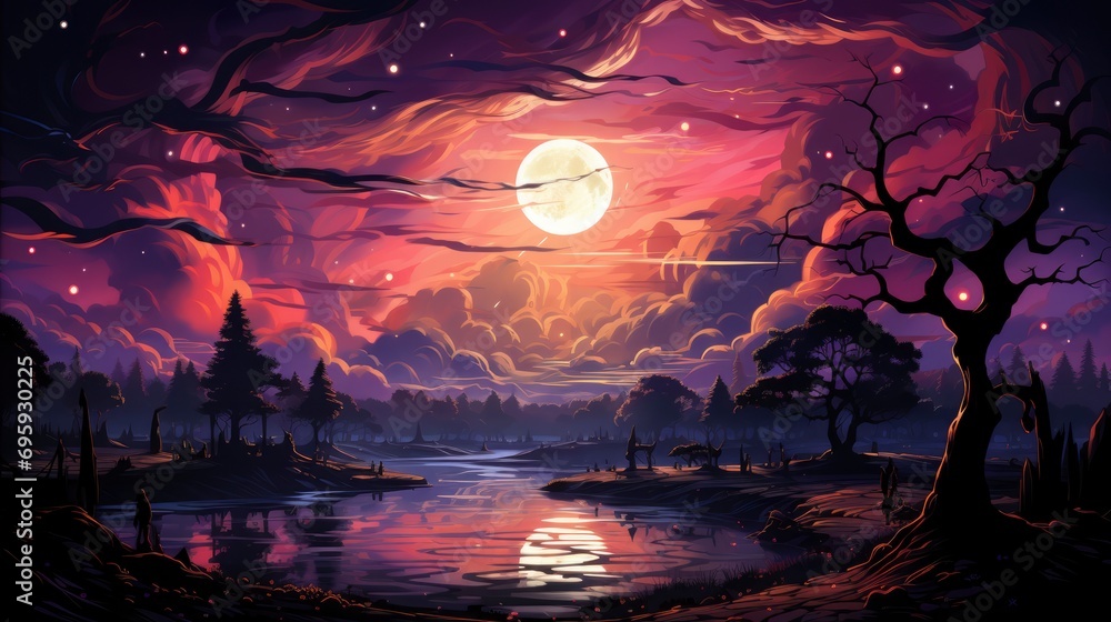Obraz premium Super Blue Moon Full Bright Night, Background Banner HD, Illustrations , Cartoon style