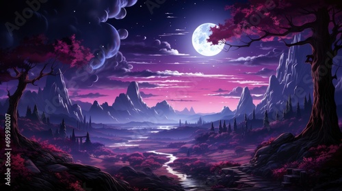 Super Blue Moon Full Bright Night, Background Banner HD, Illustrations , Cartoon style © Alex Cuong