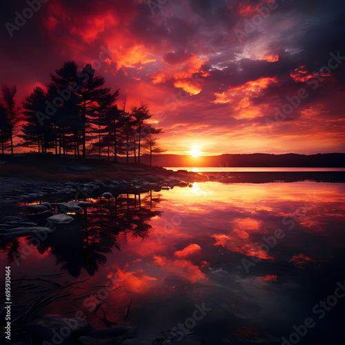 Tranquil lake reflecting the fiery hues of a sunset