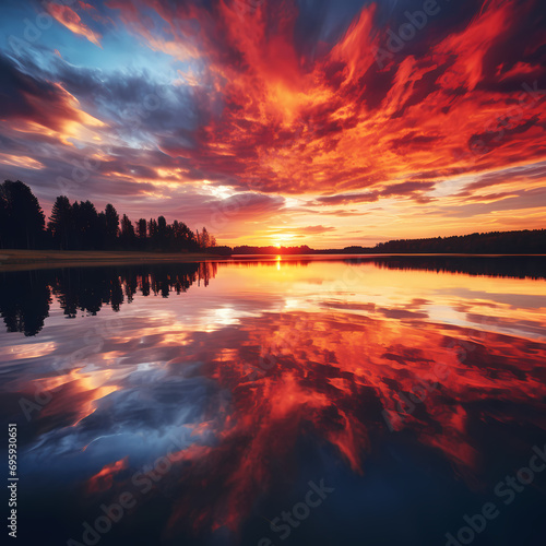 Tranquil lake reflecting the fiery hues of a sunset