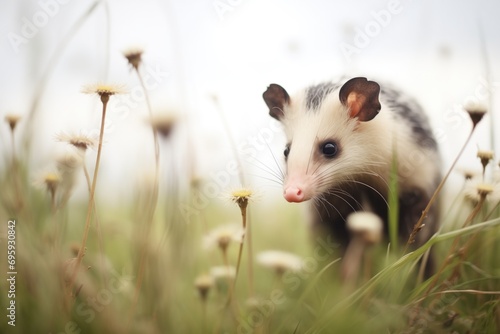 young opossum exploring a meadow photo
