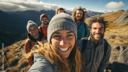 selfie of group of diverse young people friends hiking in the mountains