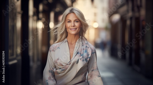 Blonde woman 50 years old with beautiful smile walk on street. Portrait Modern mature successful woman © Mars0hod