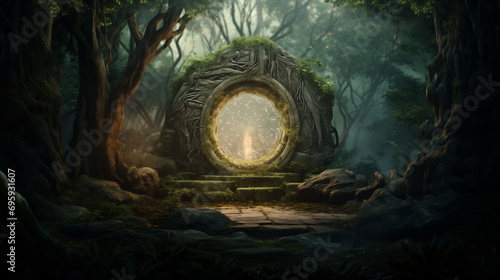 Round stone portal gate in the forest, an abandoned temple. Path made of stones in the forest, gateway in jungle photo