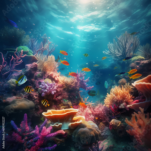 Underwater scene with diverse marine life and colorful coral.
