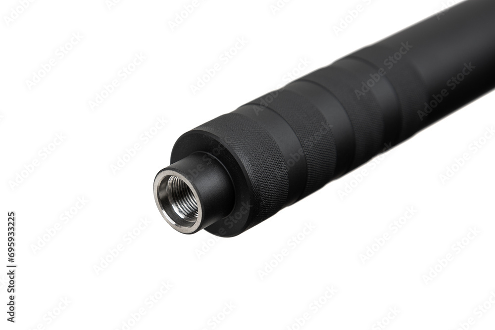 Black silencer for weapons. Suppressor that is at the end of an assault rifle. Isolate on a white back. Black silencer for weapons. Suppressor that is at the end of an assault rifle. Isolate on a white back.