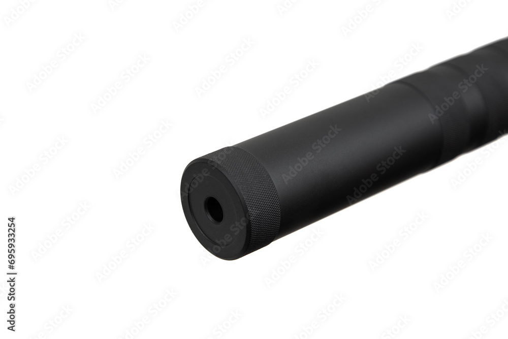 Black silencer for weapons. Suppressor that is at the end of an assault rifle. Isolate on a white back. Black silencer for weapons. Suppressor that is at the end of an assault rifle. Isolate on a white back.