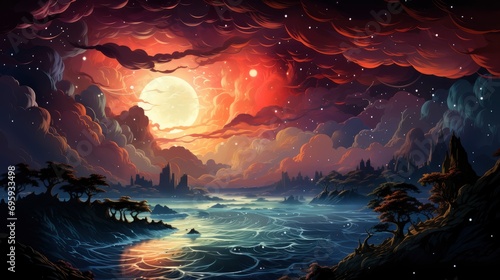 Waves Breaking Stellar Lagoon Nebula Emission, Background Banner HD, Illustrations , Cartoon style