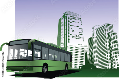 Abstract urban background with city bus image. Vector illustration
