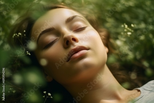 Peaceful woman resting with eyes closed in forest, enjoying nature and fresh air.
