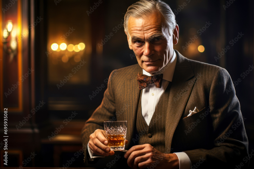 Old Fashioned gentleman, a dapper individual in a classic setting, sipping an Old Fashioned with a sense of timeless style and sophistication, capturing the essence of refined taste.