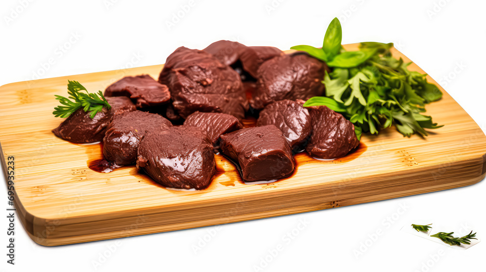 Liver delicacy, smooth pieces of pork liver on a wooden board