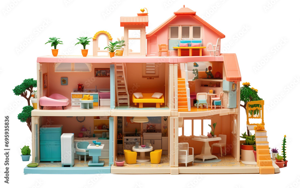A Playful Plastic Dollhouse with Miniature Delights On a White or Clear Surface PNG Transparent Background.