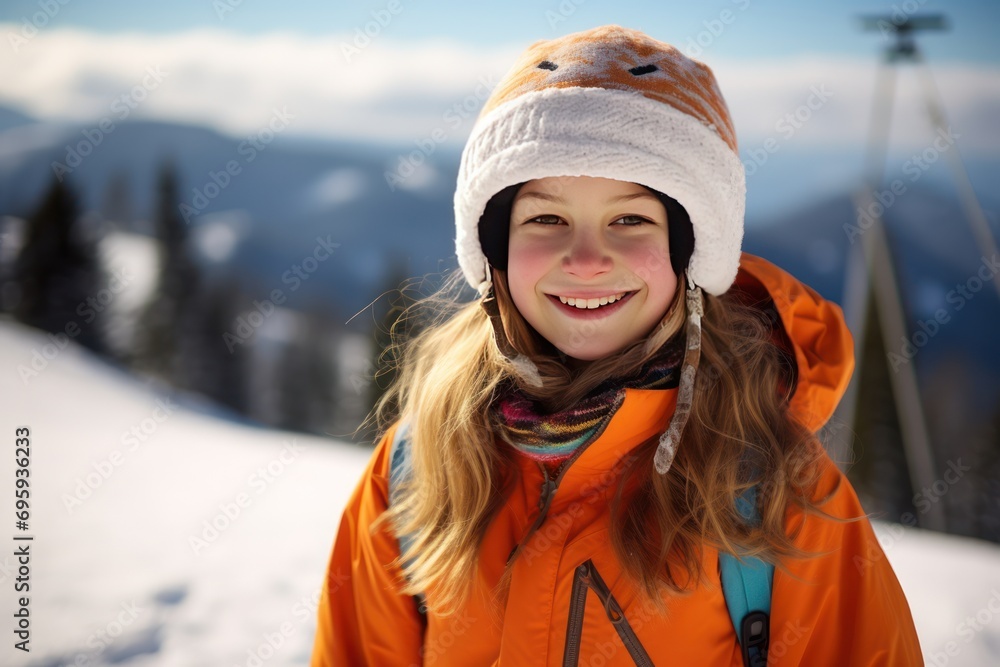 smiling girl on a ski slope with a defocused mountain landscape as a background smiling girl on a ski slope with a defocused mountain landscape as a background