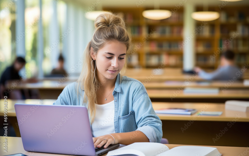 young female student studying on laptop