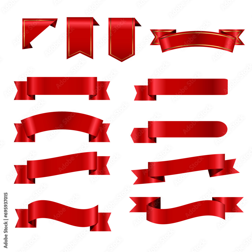 Set of decorative red ribbon banners isolated on white, Red Bow With Ribbons Set