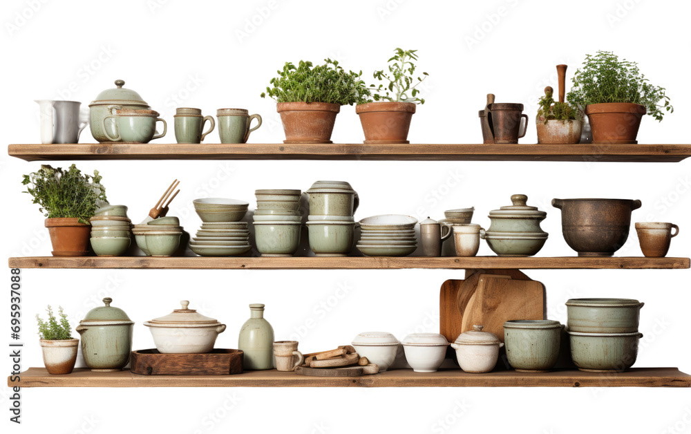A Rustic Farmhouse Kitchen with Open Shelving On a White or Clear Surface PNG Transparent Background. A Rustic Farmhouse Kitchen with Open Shelving On a White or Clear Surface PNG Transparent Background.
