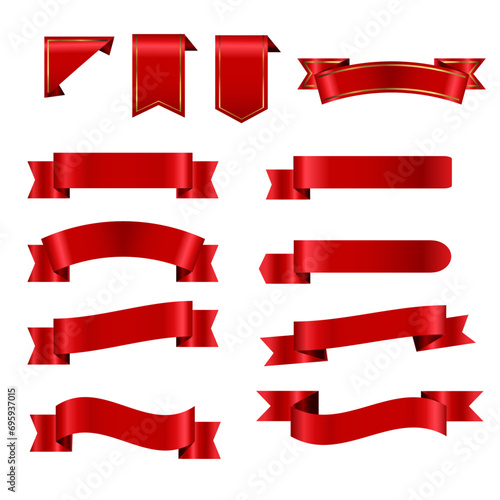 Set of decorative red ribbon banners isolated on white, Red Bow With Ribbons Set