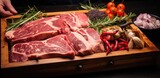 meat and vegetables in wooden tray