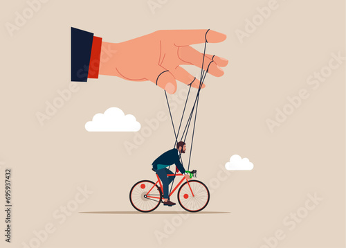Puppets with Bicycle in the business meeting. Exploitation, authority, dictator or slave concept. Flat vector illustration
