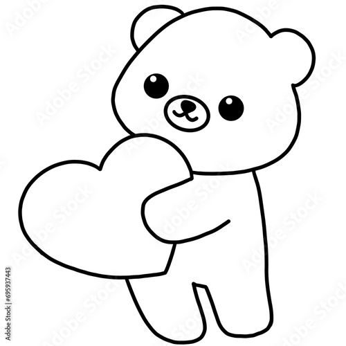 Cute outline bear with big heart element, Hand drawn, doodle illustration