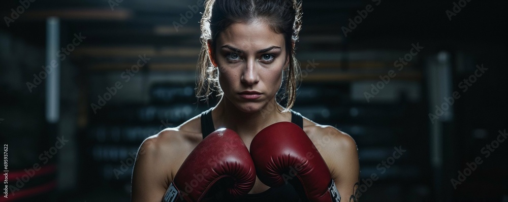 portrait d'une boxeuse, vue de face, en position de garde - les poings devant elle