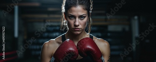 portrait d'une boxeuse, vue de face, en position de garde - les poings devant elle photo