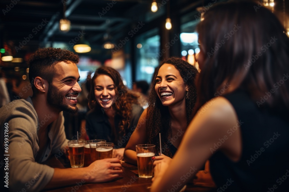 people laughing while drinking beer in a bar