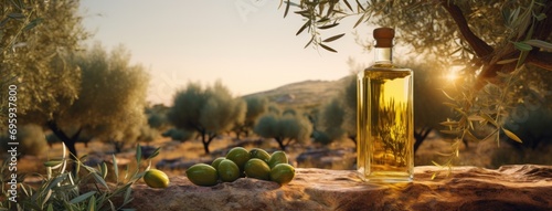 olive oil and fresh green olives on the green grass photo