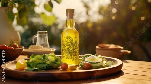 olive oil and fresh green olives on the green grass