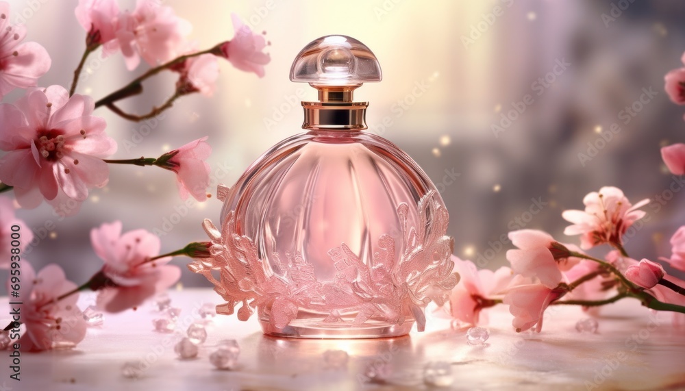 perfume bottle with some pink flowers and some dust in background perfume bottle with some pink flowers and some dust in background