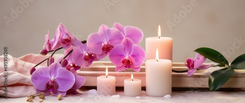 pink orchids  white soap  candles on a table