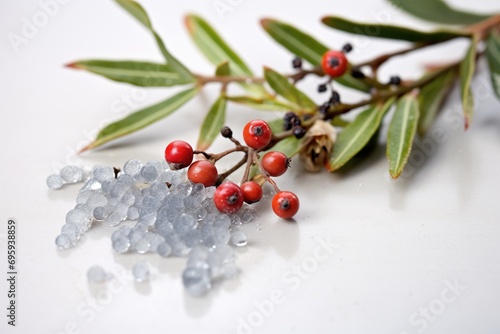 silver thaw on glossy crowberries with frosty leaves photo