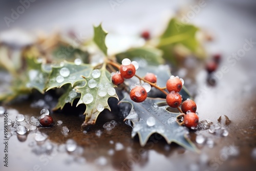 silver thaw on glossy crowberries with frosty leaves photo