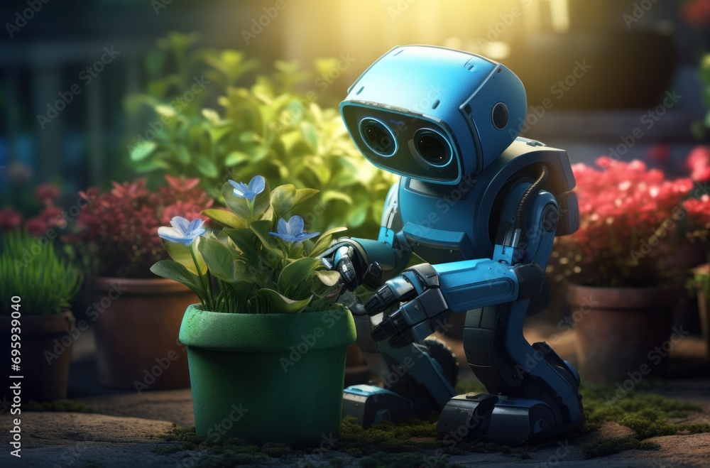 robotic gardener with a pot of grass robotic gardener with a pot of grass
