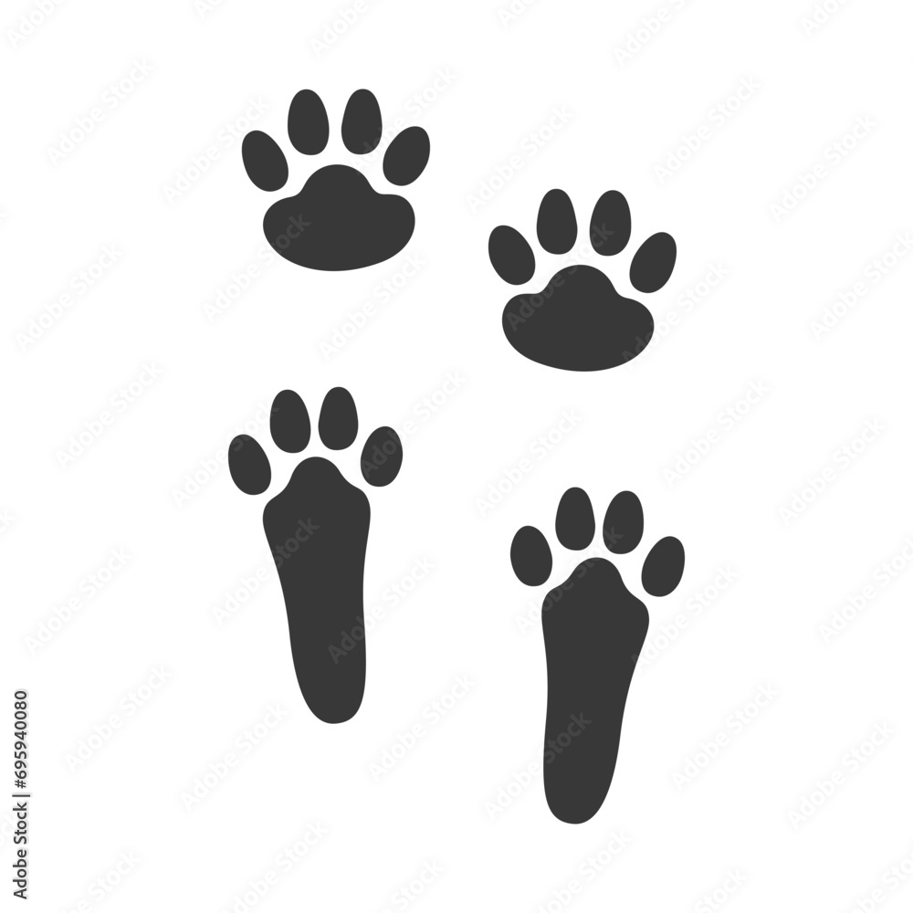 Rabbit's footprints. Bunny's paws silhouette in black colour. Easter prints template for kids. Animal theme. Vector illustration isolated on white background. Rabbit's footprints. Bunny's paws silhouette in black colour. Easter prints template for kids. Animal theme. Vector illustration isolated on white background.