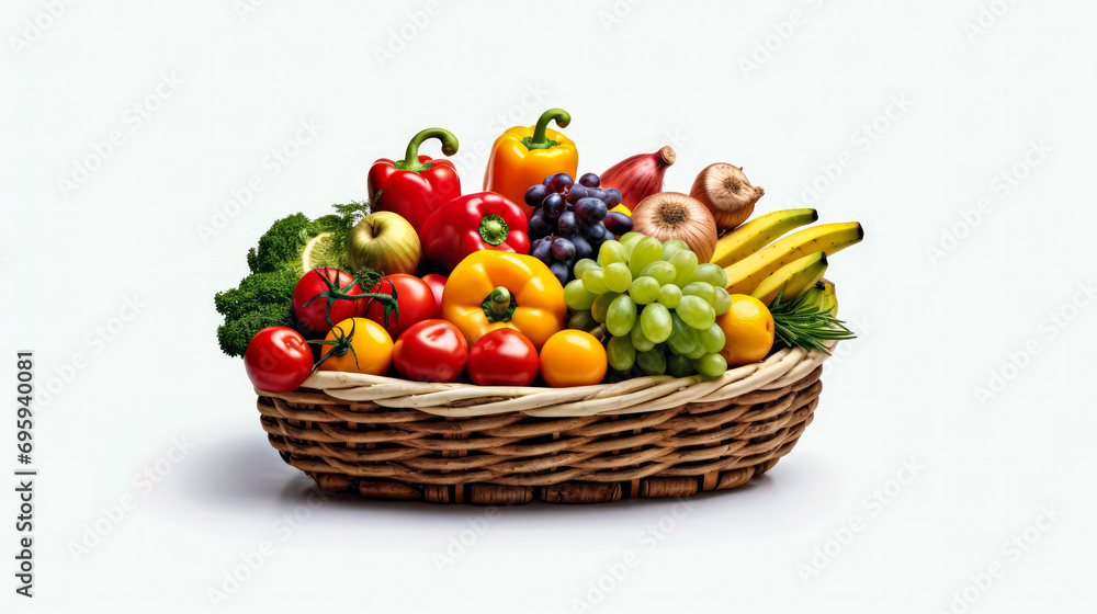 Natures bounty, A wicker basket filled with vibrant vegetables, fruits, and herbs Natures bounty, A wicker basket filled with vibrant vegetables, fruits, and herbs