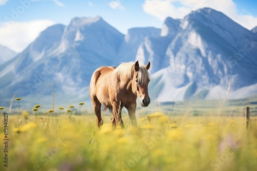 brown horse in meadow with mountains © altitudevisual