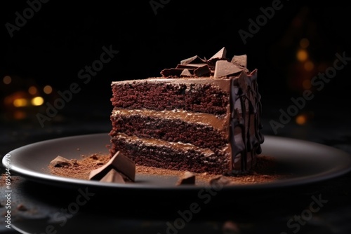 Piece of Luxury chocolate cake on black plate photo