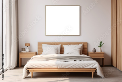 Bedroom interior with a bed and mock-ups of paintings on the wall