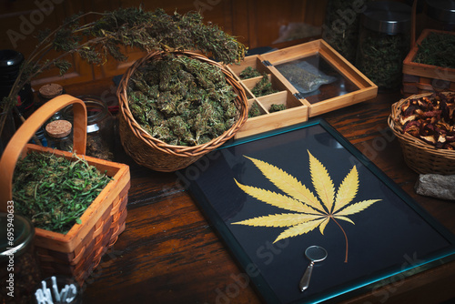 Recreational Marijuana Shop Desk Concept Background photo
